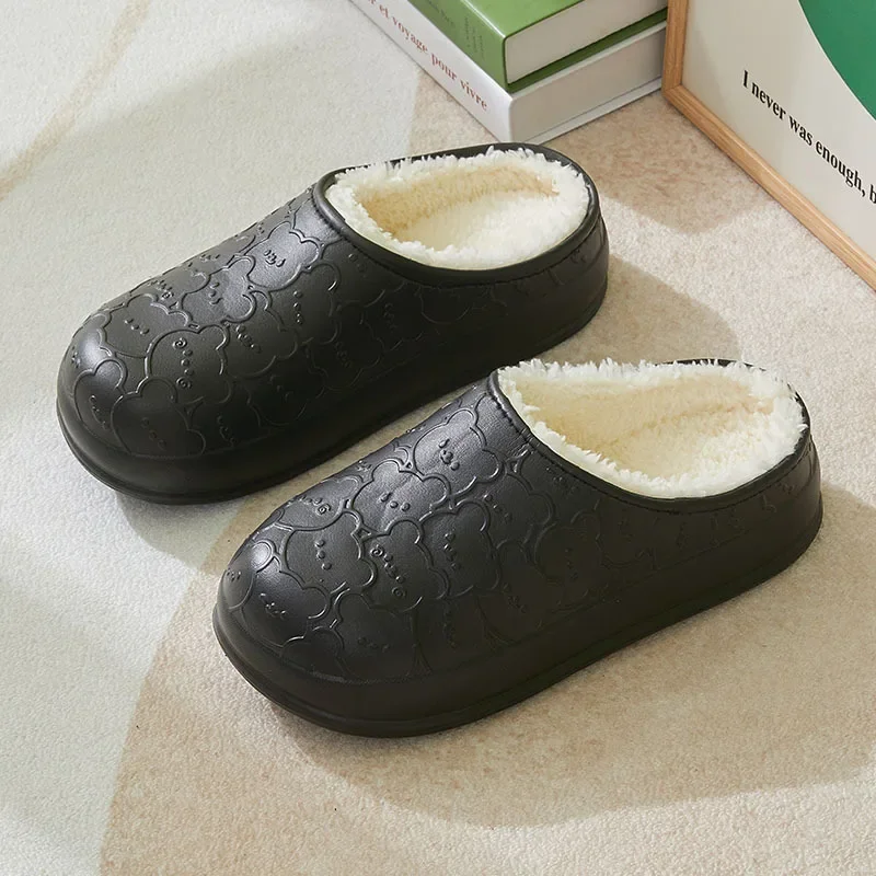 Autumn and Winter New Product Simple Print Little Bear Couple Style Cotton Slippers for Men and Women, Waterproof Cotton Cover