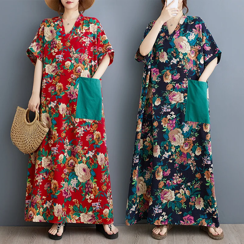 

9808 Summer Personality Full Flower Printed Big Pockets Dresses For Women Chinese Style Casual Loose V-Neck Cotton Linen Dress