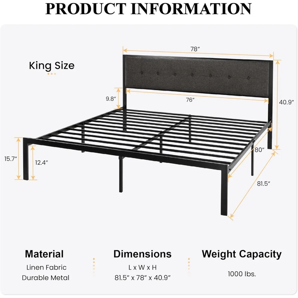 Bed Frame with Upholstered Headboard, Platform Bed Frame with Metal Slats, Button Tufted Square Stitched Headboard