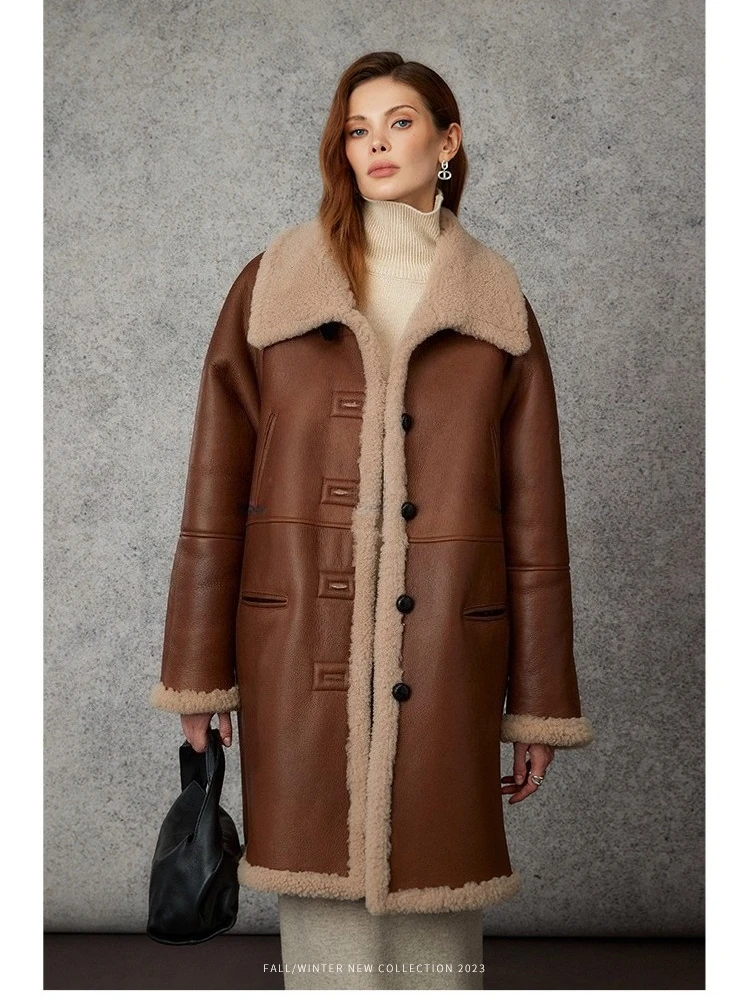 

High-end Luxury Merino Sheep Fur Motorcycle Jackets for Women Simple Thickened Warm Long Winter Genuine Leather Real Fur Coat