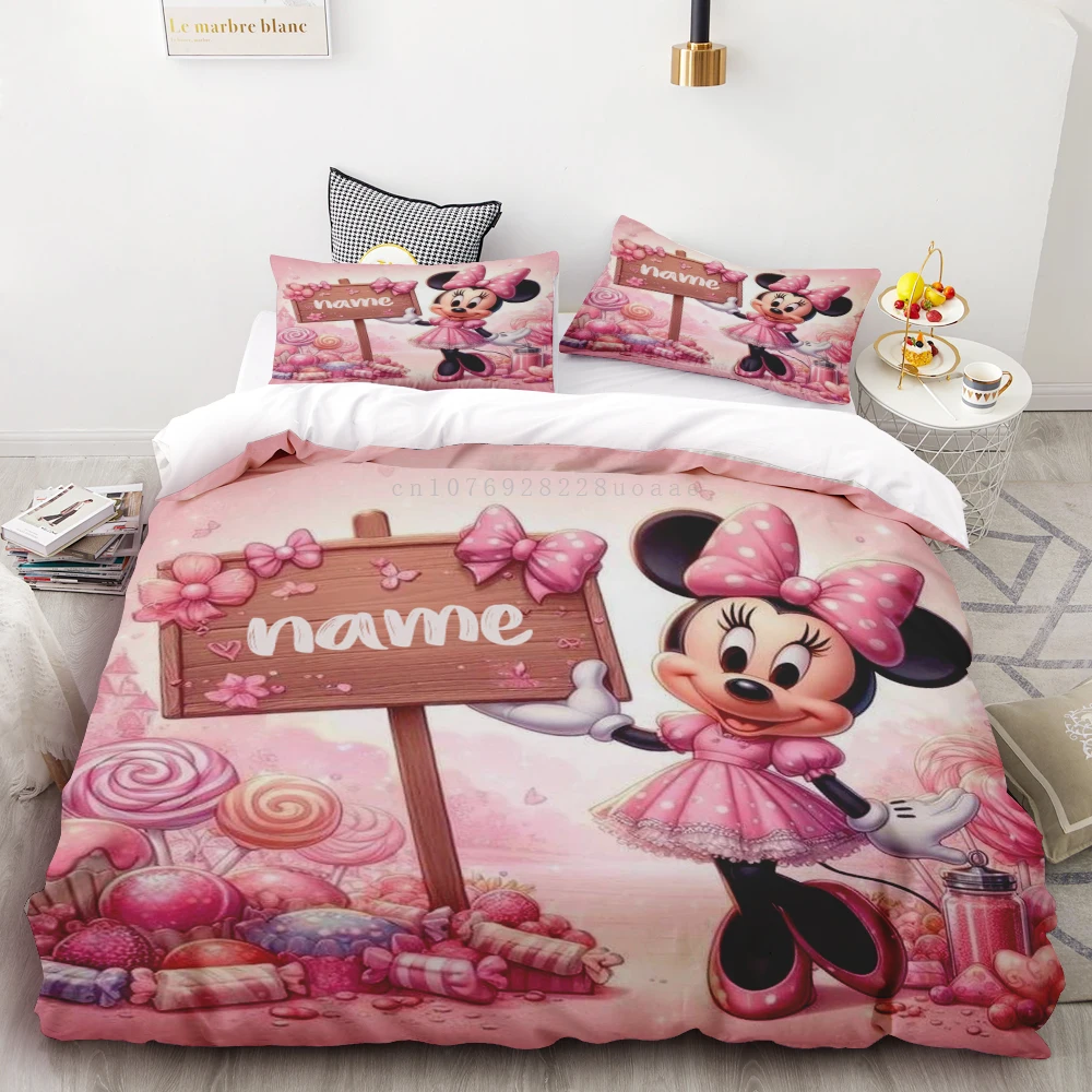 

Customizable Minnie Duvet Cover with 2 Pillowcases Cartoon Personalized Name Bedding Set Bedroom Decor for Girls Gift