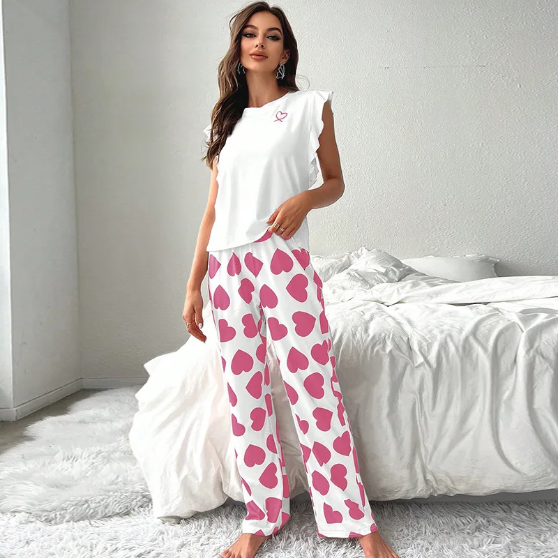 2024 White T-Shirt Women\'s Pajama Set Sexy Fly Sleeve Vest Pants Sleepwear Heart Print Casual Pyjamas Loungewear Spring 2-piece