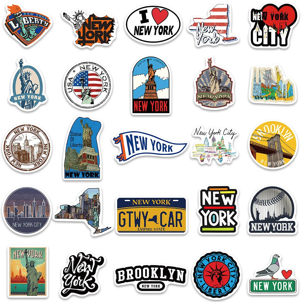 50/100Pcs INS Novelty Cartoon Cute New York Series Stickers PVC Waterproof Stickers Decals For Kids Boys Girls Toys Gifts