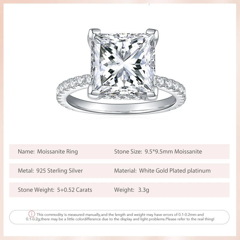 Follow Cloud 5ct Princess Side Cut 9.5*9.5mm Moissanite Diamond Wedding Ring for Women S925 Silver Ring Engagement Diamond Band