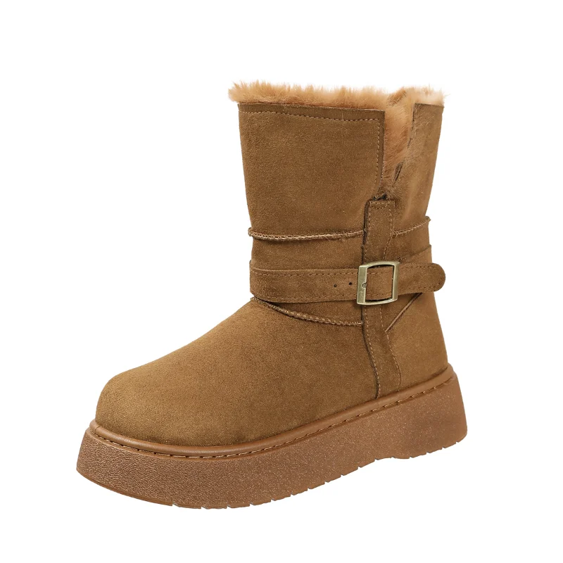 2026 Women Winter Snow Boots Fashion Metal Belt Buckle Design Faux Suede Chunky Bottom Boots Warm Plush Mid-Calf Booties 35-41