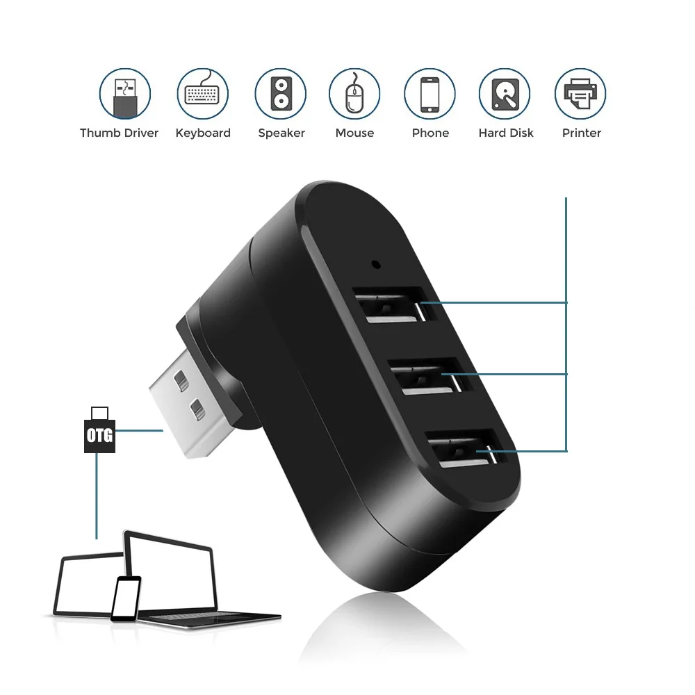 USB 허브 2.0 어댑터 회전 고속 U 디스크 리더 분배기, 컴퓨터 PC 노트북 맥 미니 액세서리용 USB 2.0, 3 포트