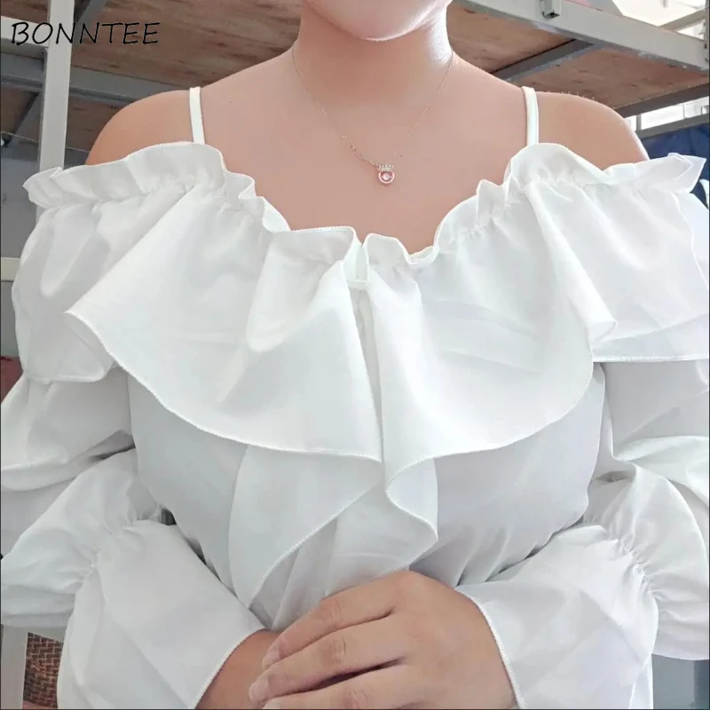 

Шифоновые блузки женские с длинными рукавами-фонариками топы для отдыха с оборками элегантные универсальные соблазнительные мешковатые эстетичные модные блузки с открытыми плечами