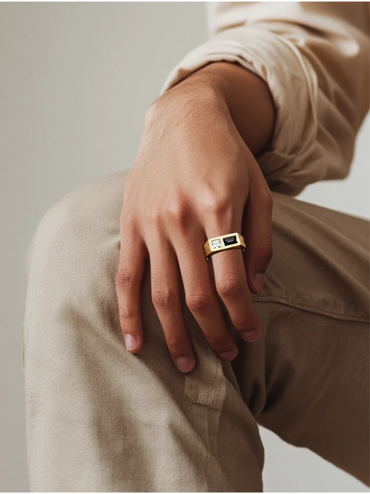 JEWELLWANG Herrenring, im Labor gezüchteter, rechteckiger, schwarz-weißer Moissanit-Ring, S925-Silber, italienischer, gebürsteter Finish, Paarringe, Schmuck – Detail 9