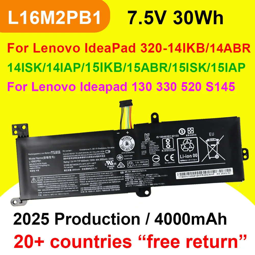 

Аккумулятор L16M2PB1 для ноутбука Lenovo IdeaPad 130 320 330 520 S145 V145 15IKB/15AST/14IKB L16L2PB1 L16L2PB2 L16S2PB2 L16M2PB2 30Wh