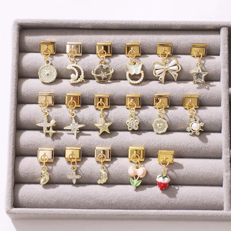Pendentif étoile de mer en Zircon, nœud papillon, lune, étoile, or, lien de charme italien Y2K, en acier inoxydable, adapté au Bracelet chaîne de 9mm, bijoux à faire soi-même