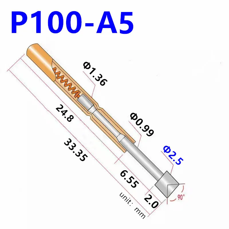 20/100PCS P100-A5 Spring Test Probe Test Pin For Testing Circuit Board 33.35mm P100-A Nickel-Plated Head Dia 2.5mm Pogo Pin Tool