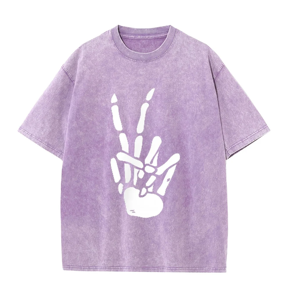 Skeleton Hand Peace Sign Bone T-Shirt Camisas De Hombre Ropa Top Y2k Black Graphic Tee 100 Short Round Men Shirt Humor Sleeve
