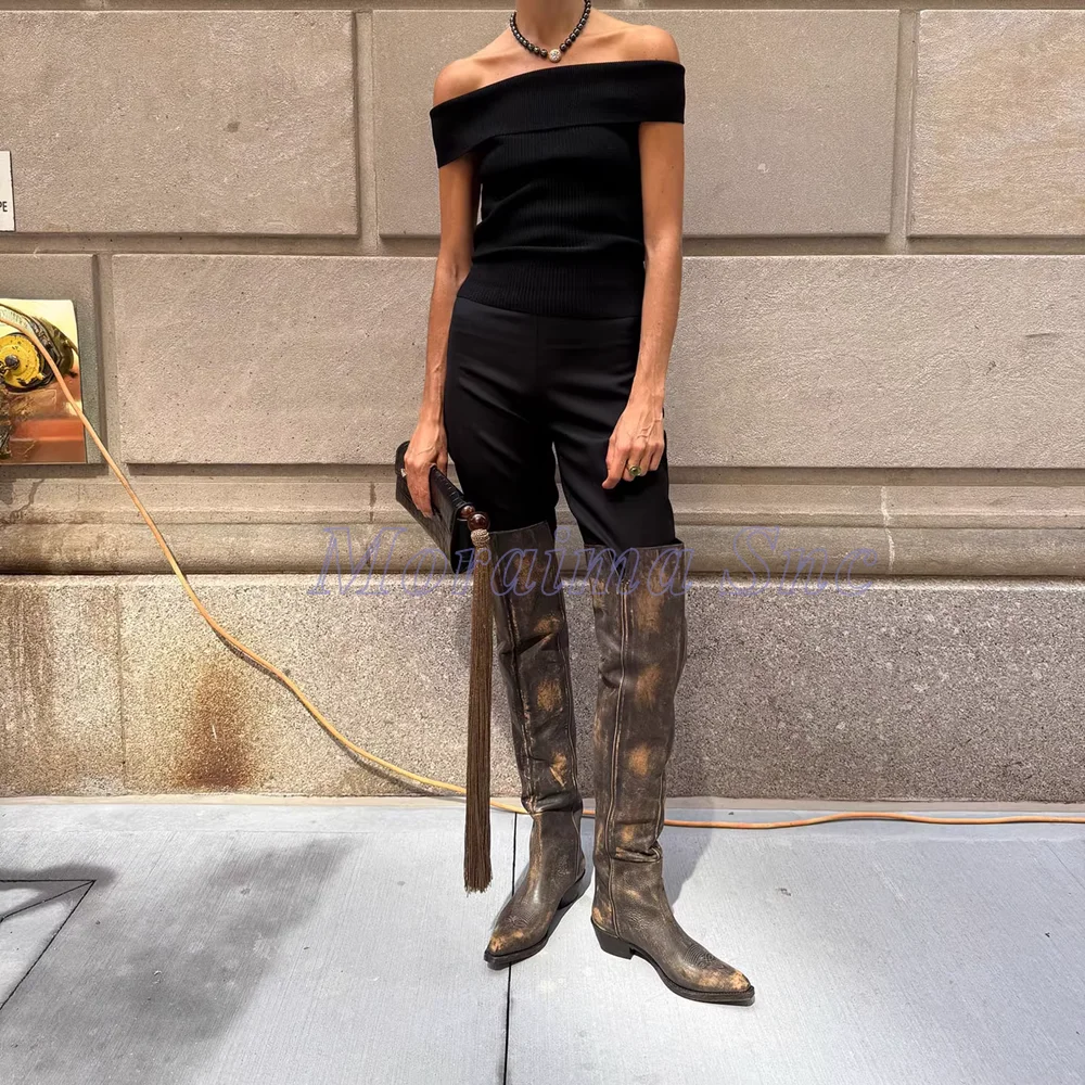 فرشاة قبالة أشار تو فوق الركبة أحذية طويلة كتلة صندل بكعب مكتنز الانزلاق على الرجعية النساء طويلة الفخذ أحذية عالية الخريف الشتاء 2026 #1