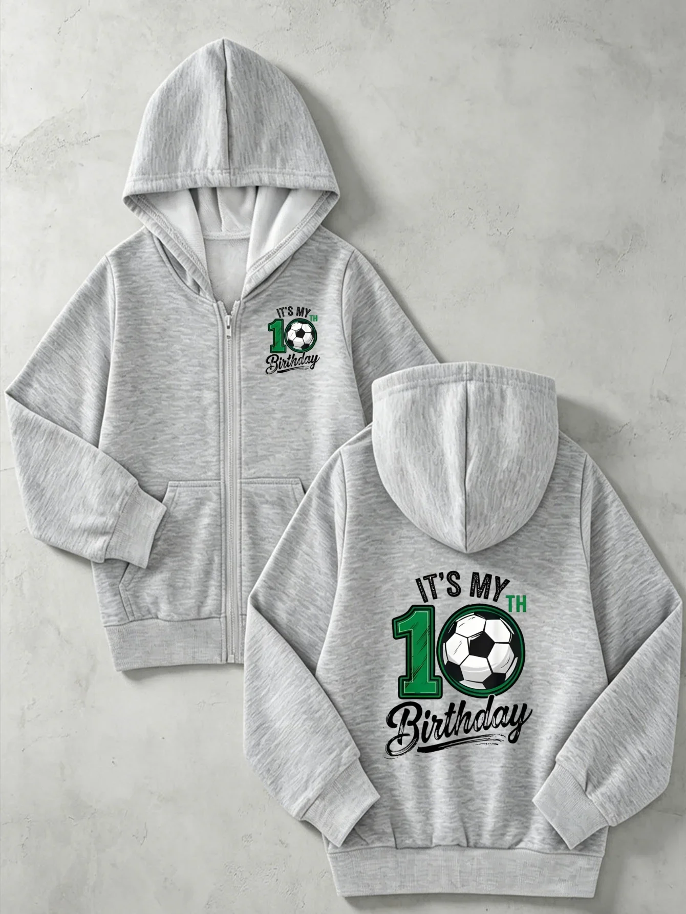 Kid Zip Up Hoodie Its My 10th Birthday Soccer Ball Letter Graphic Print Long Sleeve Loose Hooded Jacket Boys Sports Outerwear