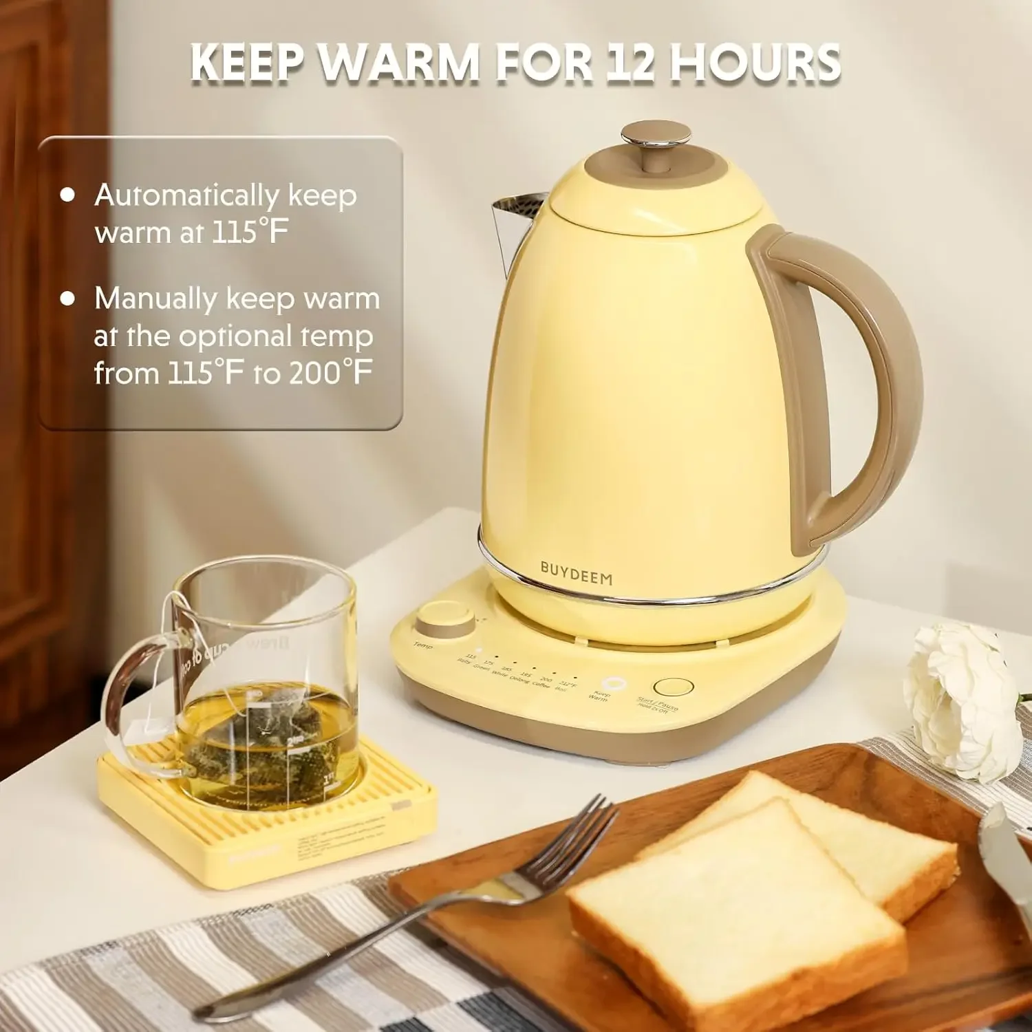 Kettle with Temperature Control, 12H Keep Warm, Quick Boil, Stainless Steel Hot Water Boiler for Tea Coffee Milk, 1.7L, Mellow Y