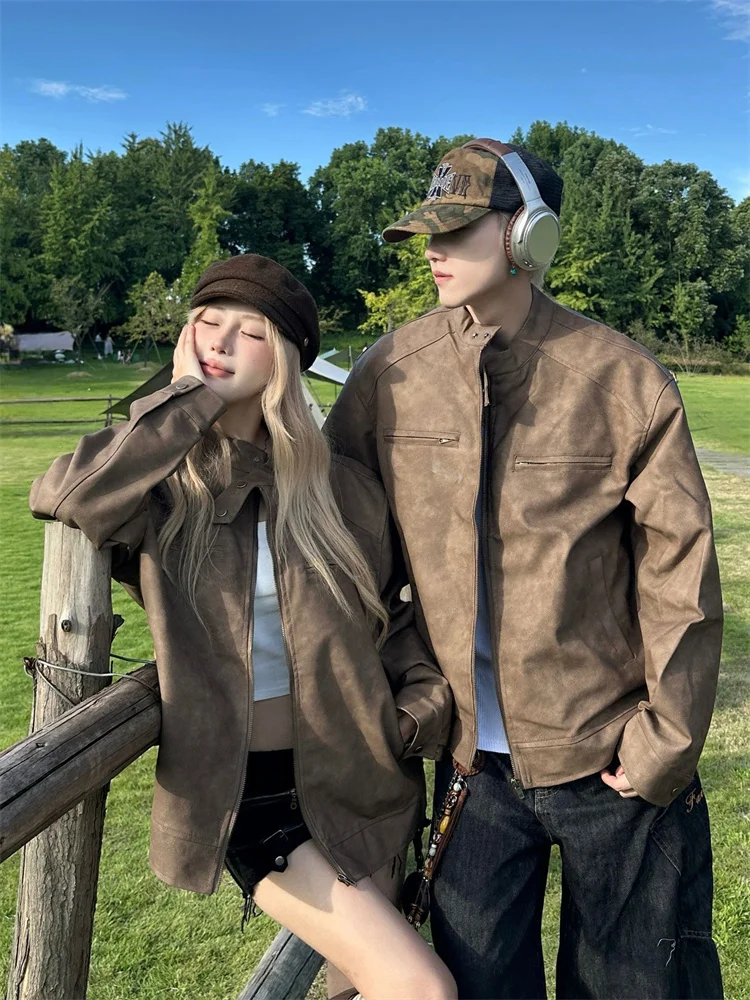 

Brown PU Leather Jaet Men's Casual Sle American High Quali Couple's Autumn Faion Windproof Long Sve Zipper