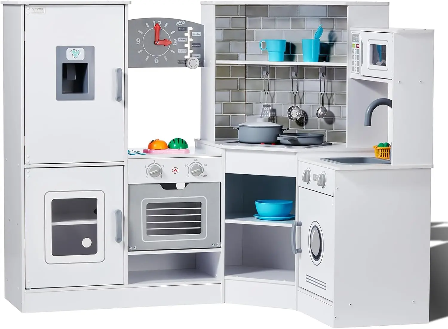 Corner Wooden Play Kitchen, Toy Set with Lights and Sounds, Toddler Kitchen with Ice Maker, Oven, Sink, Clock, Microwaves, Refri