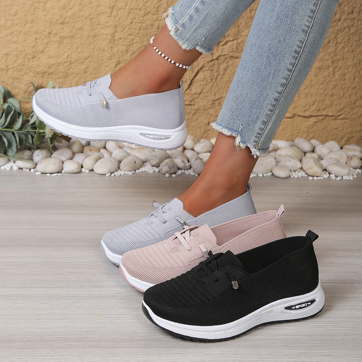 Women's Breathable Knit Slip-On Sneakers, Lightweight Non-slip Walking Shoes, Comfortable Platform Sport Trainers Drop Shipping