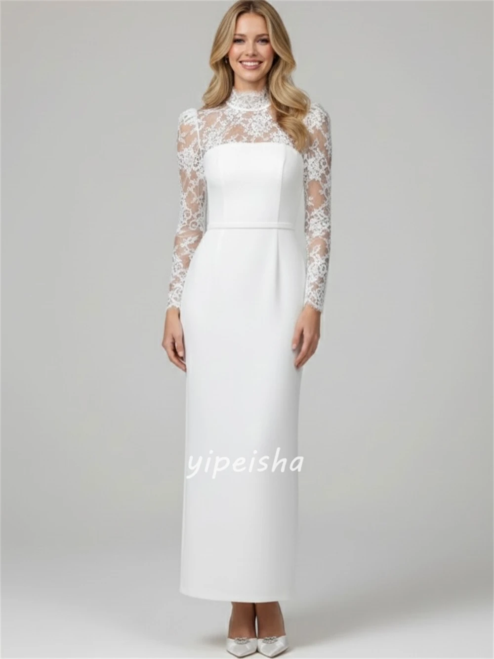 Maßgeschneidertes, elegantes, formelles, gerades Jersey-Partykleid aus weißem Jersey, Retro-Stil, hoher Kragen, lange Ärmel, knöchellange Kleider, Abendkleider
