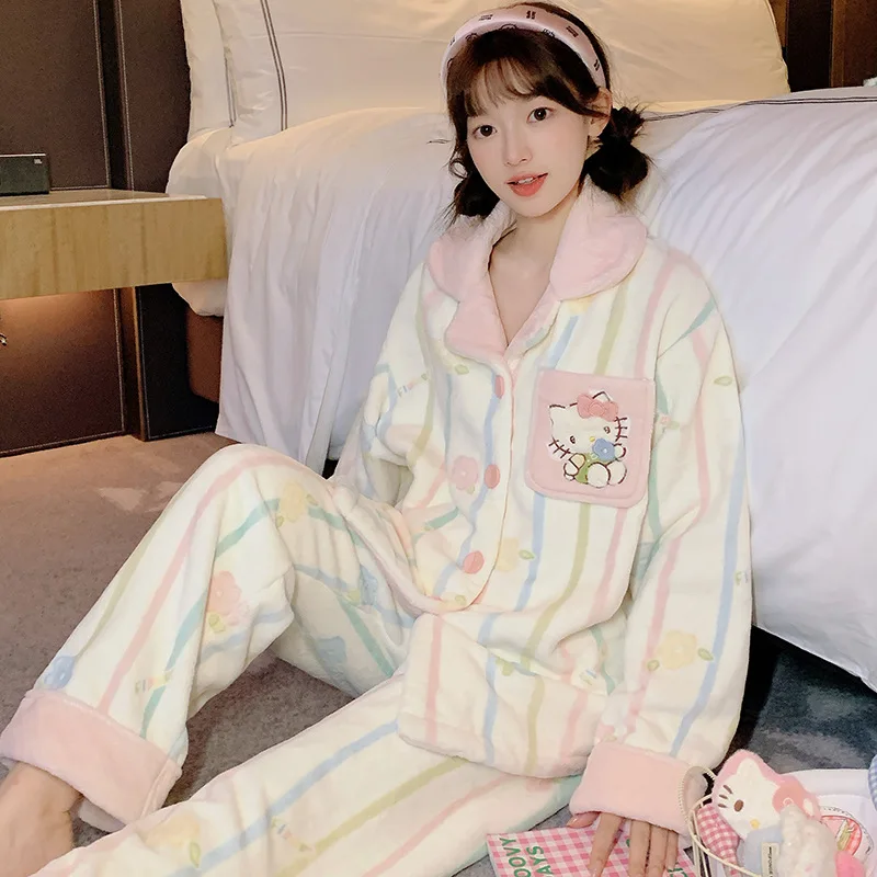 Sweet Girls Plush Pajamas Hello Kiity Female Flannel Thicken Warm Homewear Autumn Winter Long Sleeves Cardigan Lounge Clothes