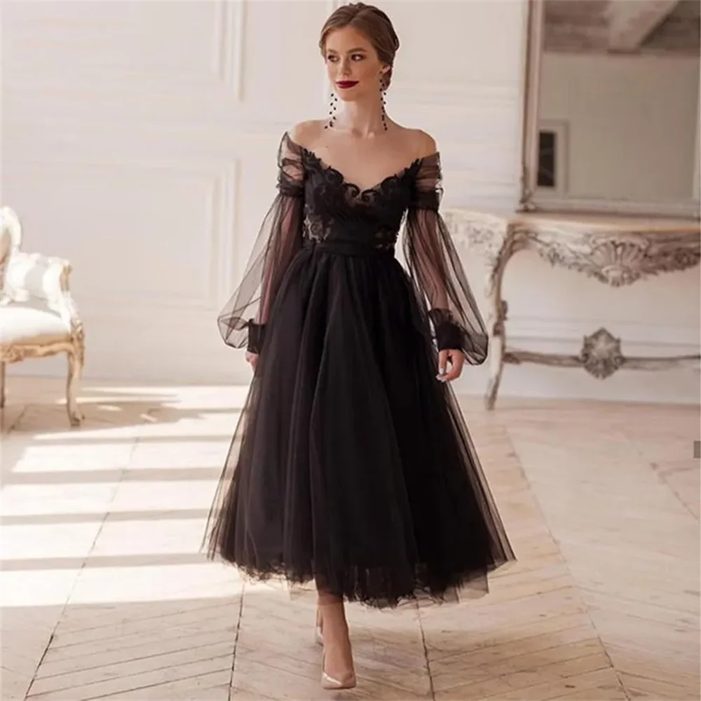 

Elegant Black Long Puff Sleeves Prom Dresses Illusion O-Neck Lace Homecoming Gowns Tea-Length Tulle Evening Party Dress