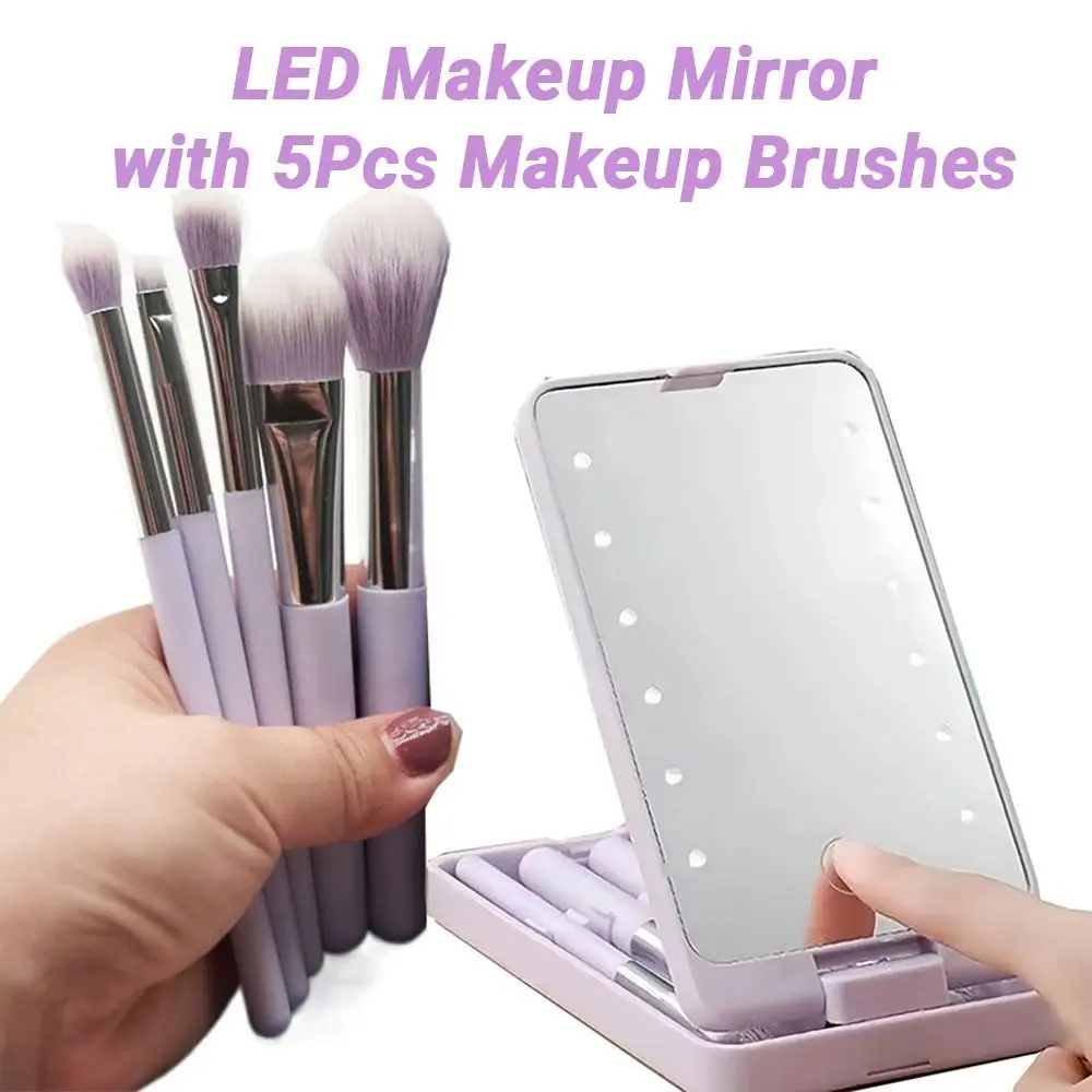 Rotatable Mirror Travel Makeup Brush with Light USB Rechargeable with 5pcs Brush LED Makeup Mirror Brush Set High Clarity
