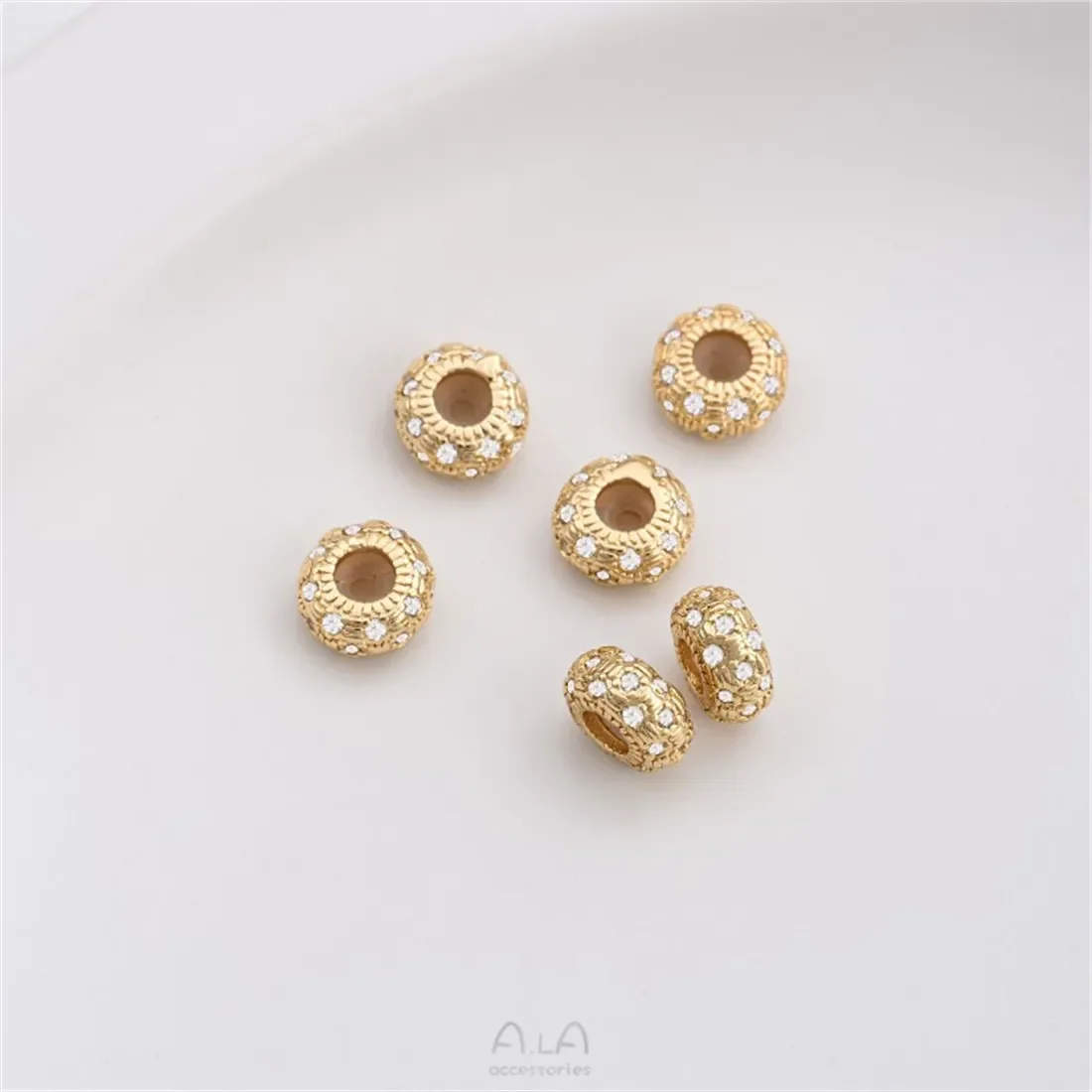 1PCS 14K Gold Micro Inlaid Zircon Silicone Wheel Flat Beads, Positioning Beads, Adjustment Beads, DIY Chain Spacer, Accessories