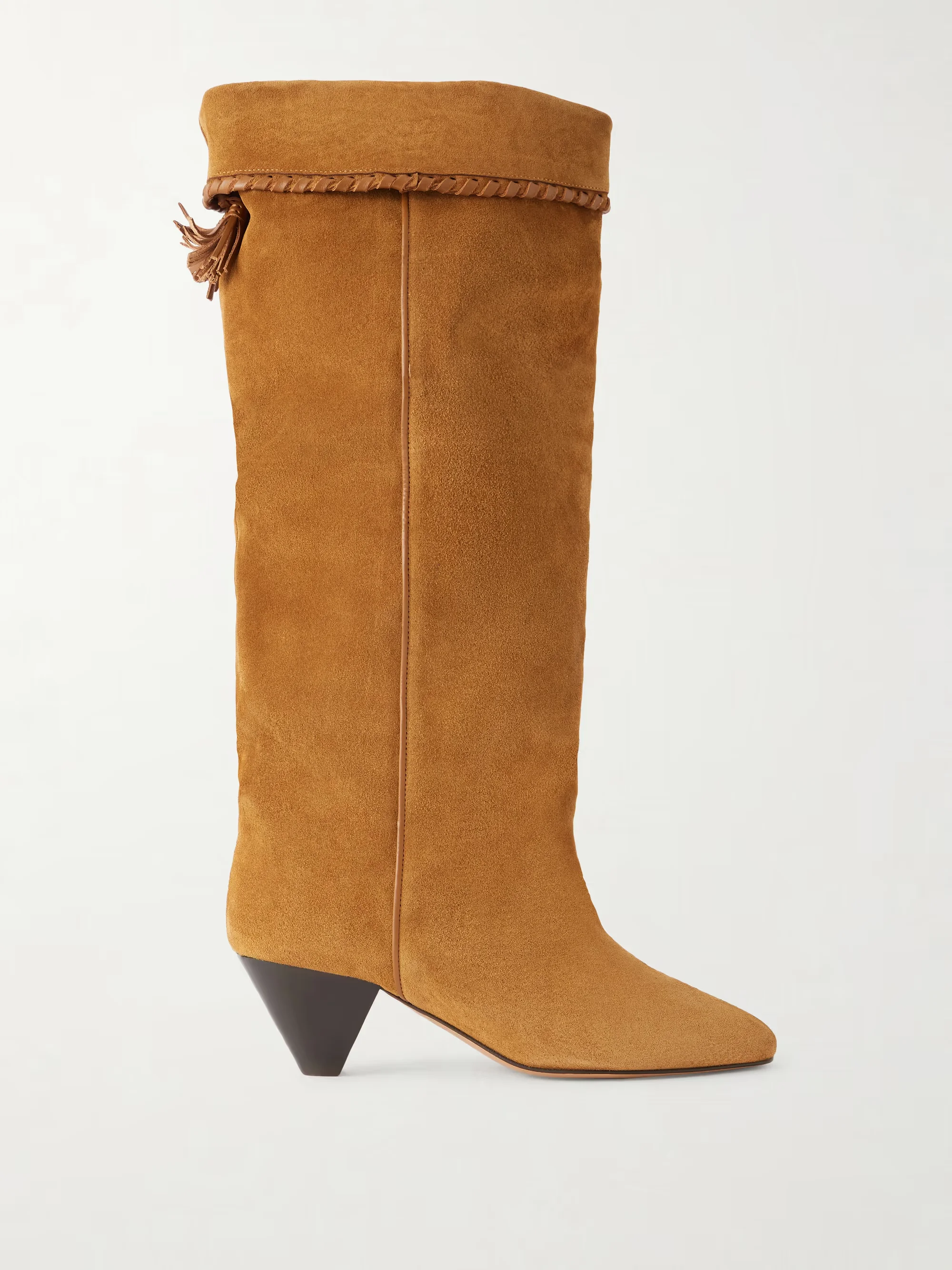 2026 new in Spike heeled suede tasseled leather knee boots brown/black pointed toe causal dress soft luxury designer shoes
