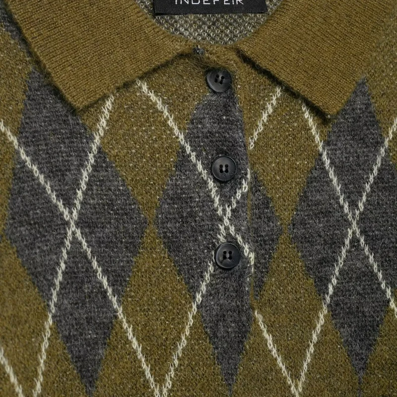 Rétro diamant motif col tricots Olive een couleur Blo haut ajusté pour les femmes automne hiver nouveau Sle