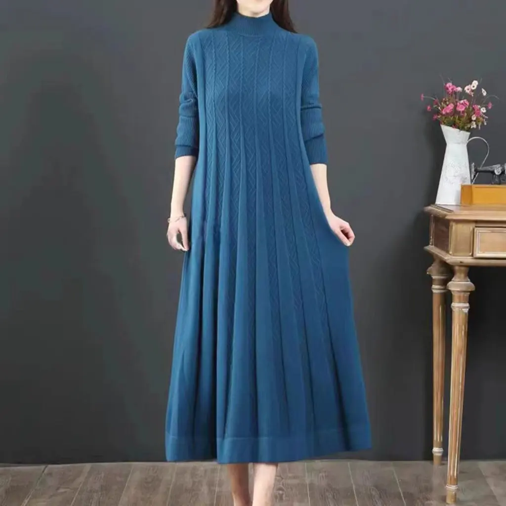 

Women's Knitted A-Line Sweater Dress Half Turtleneck Loose Fit Over-the-Knee Autumn Winter Bottoming Shirt
