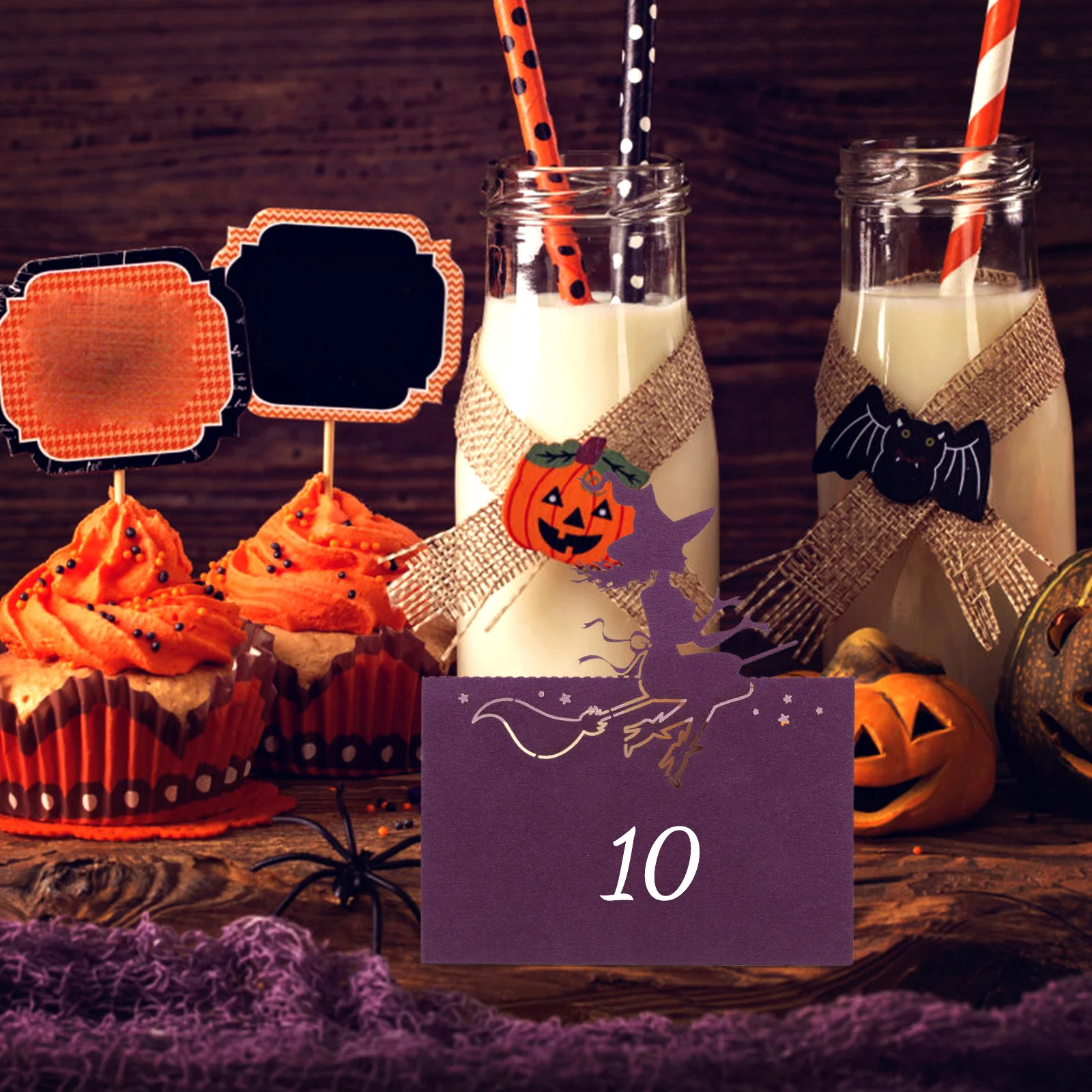 

50Pcs Halloween Witch Elegant Paper Tent Table Place Cards for Party Wedding Banquet Seating Table Name Cards Bat Place Card