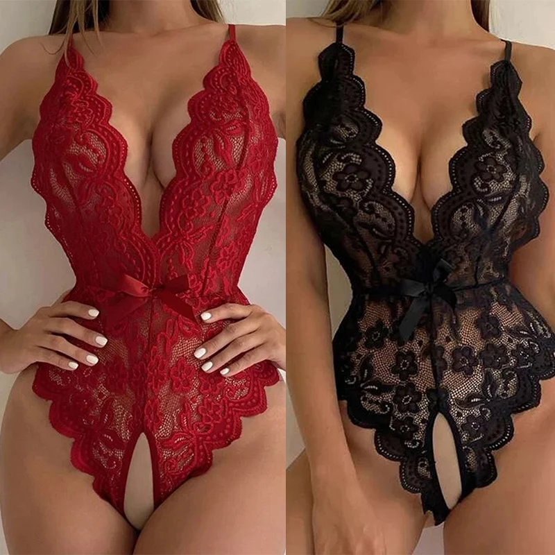 Sexy Lingerie Women Sleepwear Open Croth Bodysuit Teddy Transparent Lace Lingerie Deep V Open Bra Lenceria Porno Underwear Set