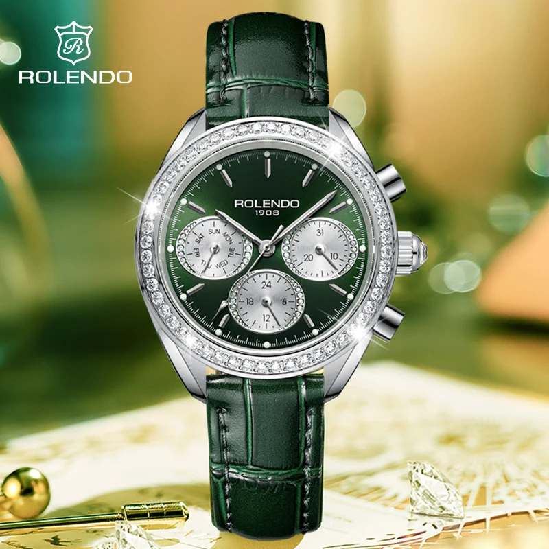 

ROLENDO Luxury Diamond-Set Automatic Watches for Woman 35mm Emerald Dial Full Calendar Mineral Glass Calfskin Strap Elegant Gift