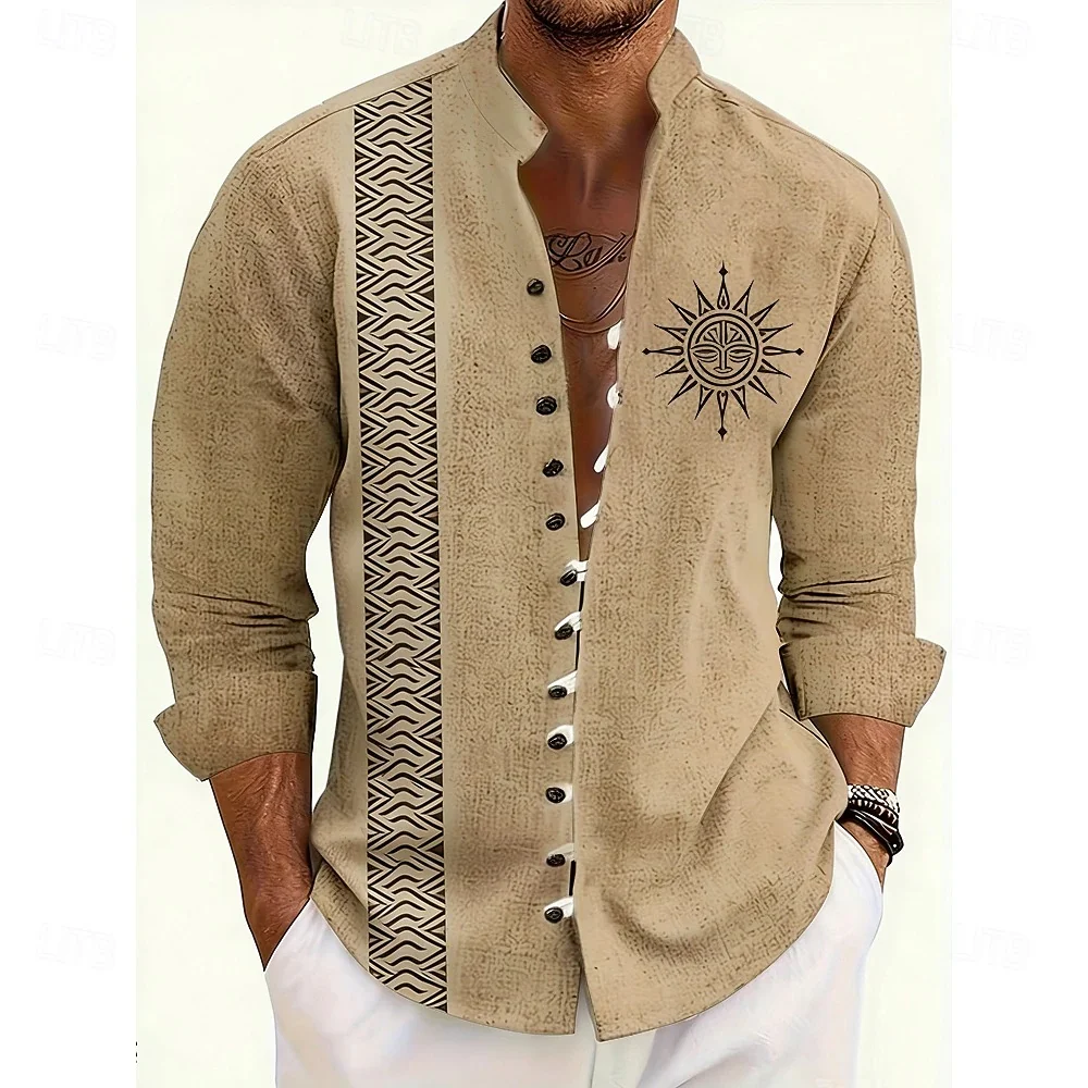Men's Bohemian Linen Shirt with Khaki Base, Ethnic Wave Vertical Stripes and Sun Face Totem Pattern, Long Sleeved Casual Shirt