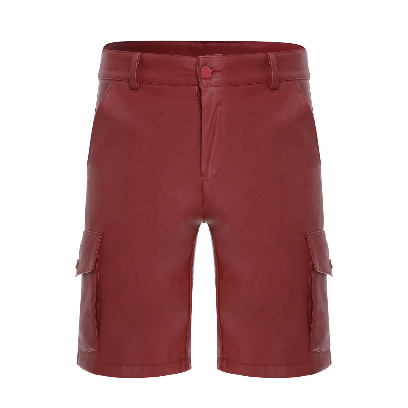 Mens PU Leather Motorcycle Biker Shorts Flap Pockets Walking Short Cargo Pants Gothic Shorts Punk Rock Party Raves Clubwear