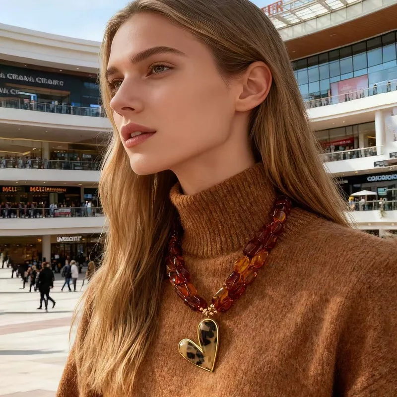 Retro Maillard Style Multi‑Layer Sweater Chain Amber Sugar‑Cube Stainless Steel Heart Niche Women Fashion Necklace