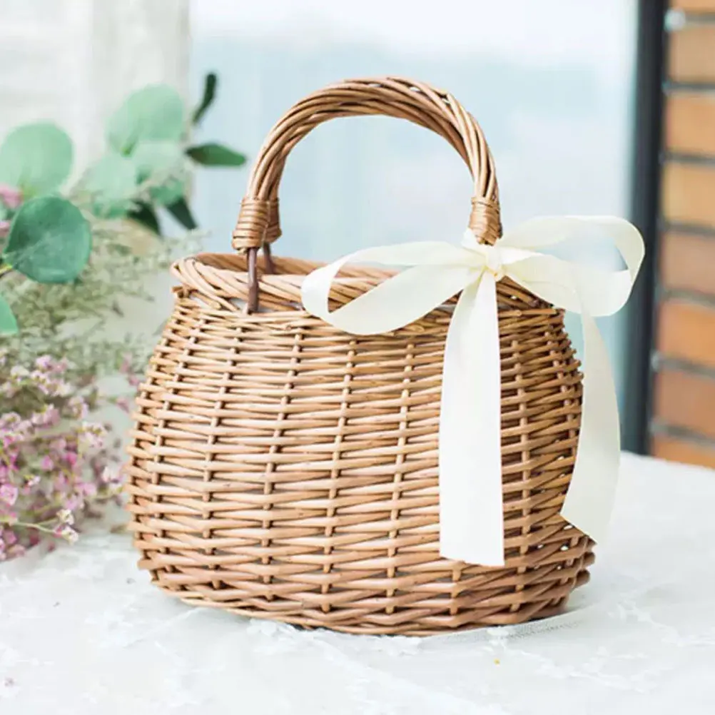 

Wicker Flower Basket Round Shape Material Storage Container Beach Bag Handmade Home Decoration Plant Basket Woven
