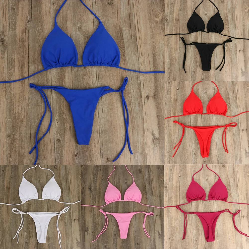 Neue Frauen Sexy Hängenden Hals Tanga Bikini Set Seite Krawatte Badeanzug Bandage Stil Split Strap Solide Einstellbare Damen Badeanzug Set – Detail 1