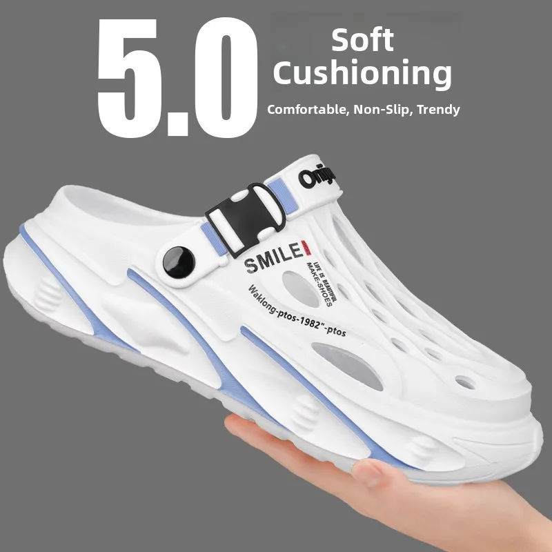 Men's Summer Outdoor Sports Beach Sandals Anti-Slip Deodorant Head Cover Slippers Breathable EVA Low Heel Thick Bottom