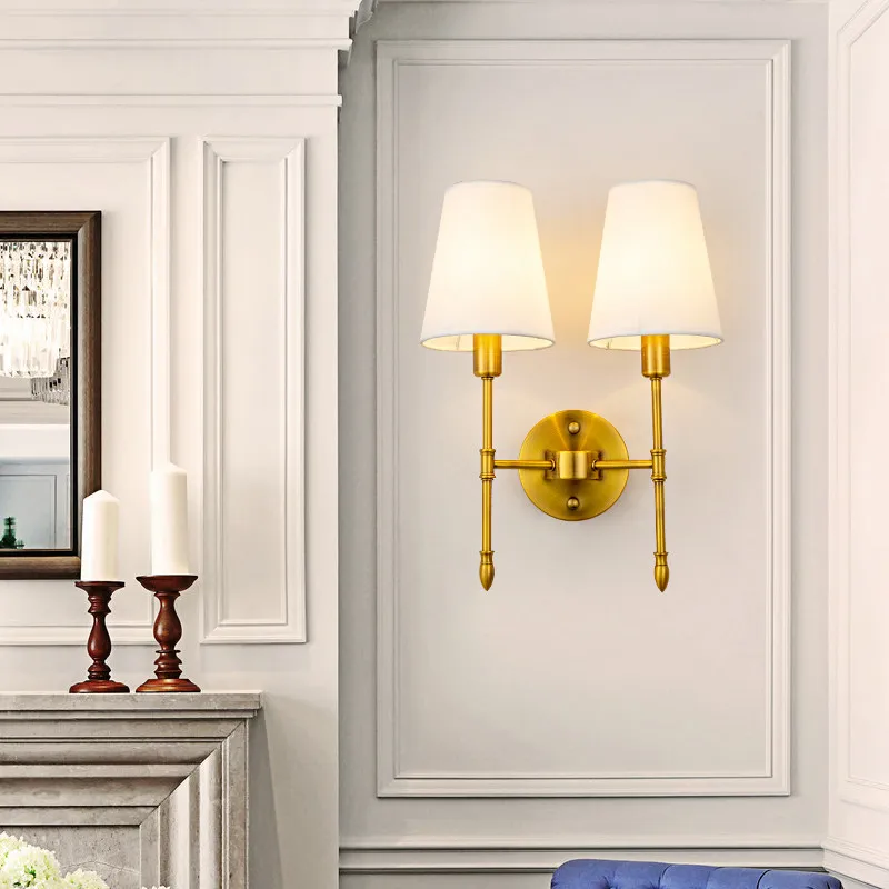 Modern Brass Wall Sconce Luxury Pure Copper 1 2 Lights Bedroom Bedside Light with Tapered Fabric Shade for Corridor