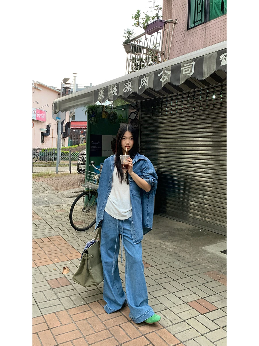 

Синяя джинсовая рубашка с длинным рукавом, женский комплект из двух предметов, весна 2026, новый дизайн, повседневный стиль, из смесового хлопка, с воротником