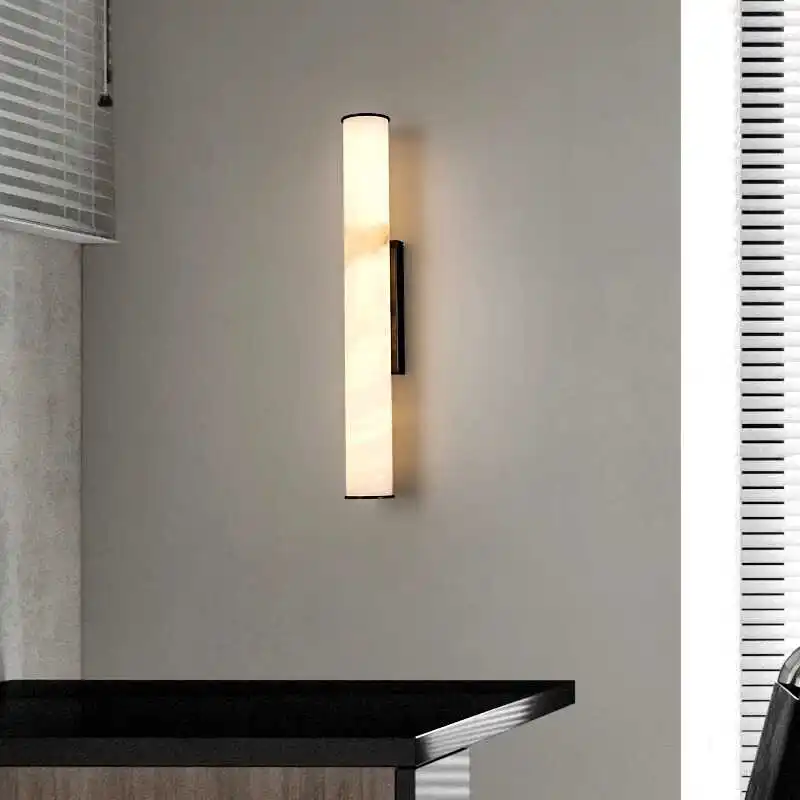 

Modern and Popular All Copper Spanish Natural Marble Wall Lamp Light Luxury Villa Living Room Bedroom Bedside Balcony Lighting