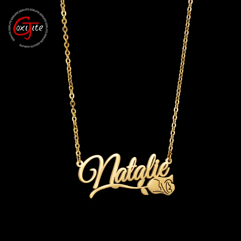 Goxijite Fashion Custom Stainless Steel Name Necklace For Women Personalized Rose Flower Nameplate Necklace Jewelry Gift