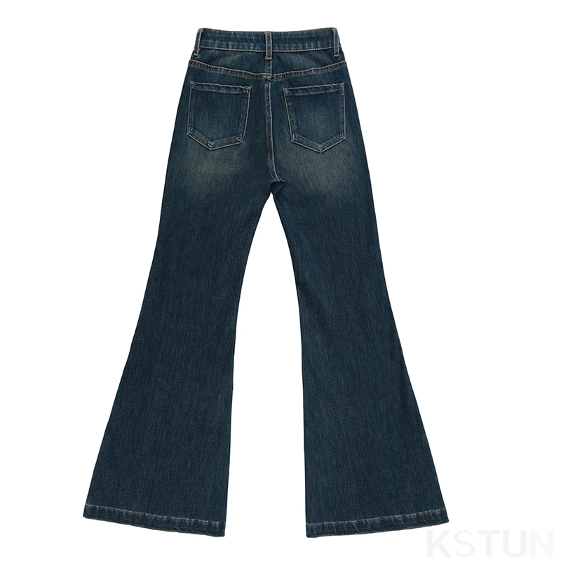 KSTUN Women High Waist Bell Bottom Jeans Dark Blue Office Lady Flared Pants Patchwork Stripes Stretchy Vintage Casual Trousers