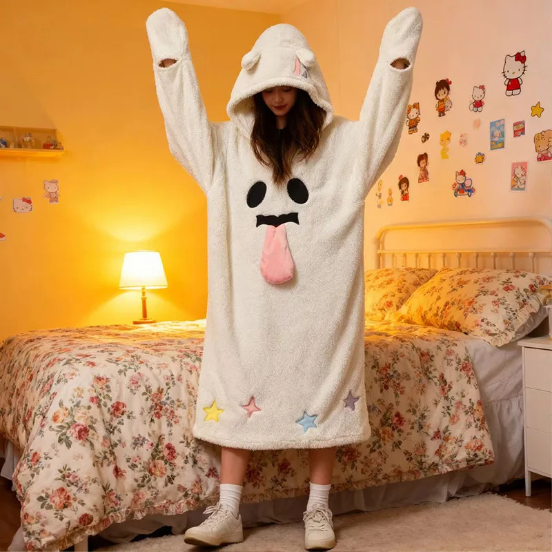 Halloween Ghost Hooded Nightgown Women Warm Coral Fleece for, Cute Spooky Face Long Sleepwear, Soft Loose Winter Pajamas Gifts