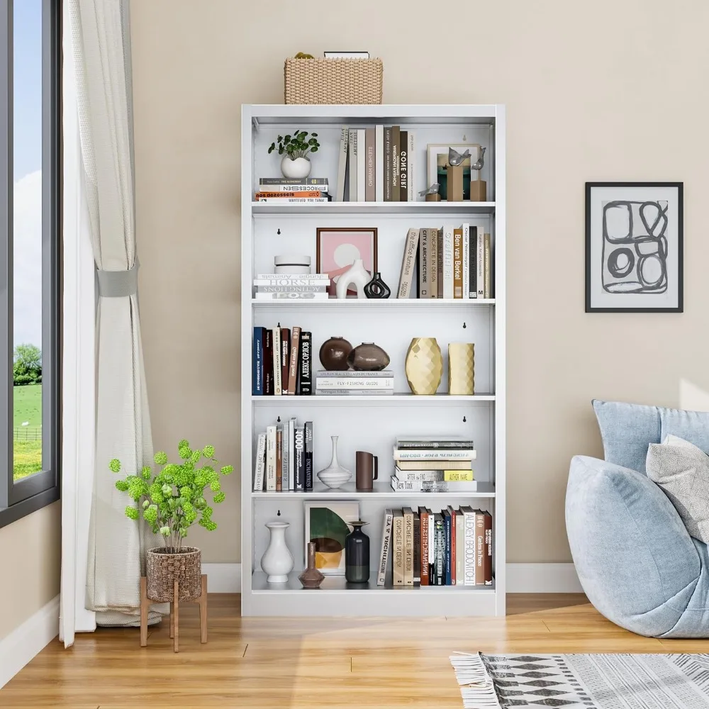 Large 5-Tier Adjustable White Metal Bookshelf - Modern Storage Solution for Books and Decor