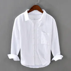 Men's Casual Crinkled Double Gauze Long Sleeve Shirt For Men Cotton Yarn Soft and Comfortable Breathable Square Neck Shirt