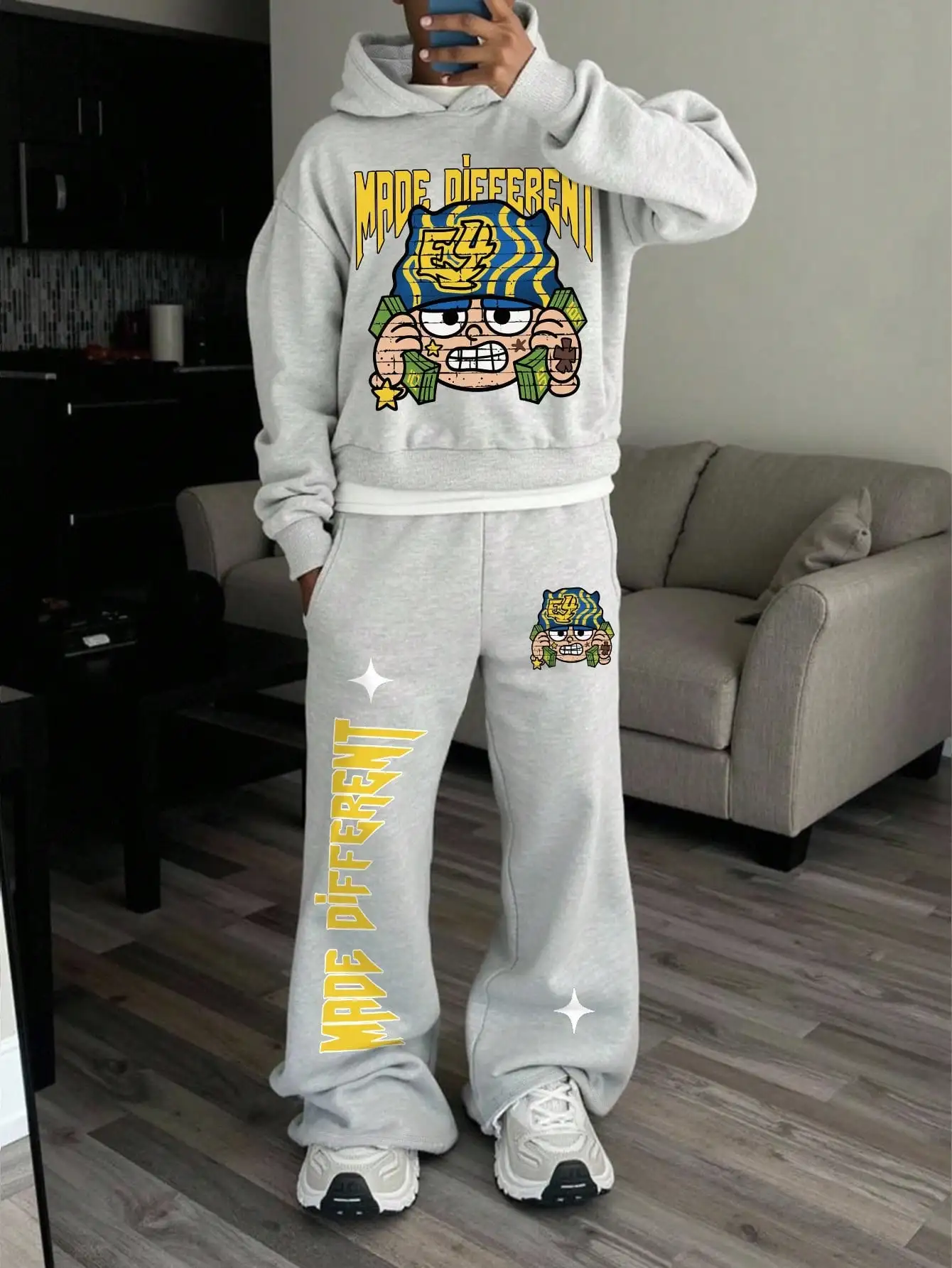 

Grey 2-Piece Graphic Print Hoodie and Sweatpants Set for Men, Casual Streetwear Style