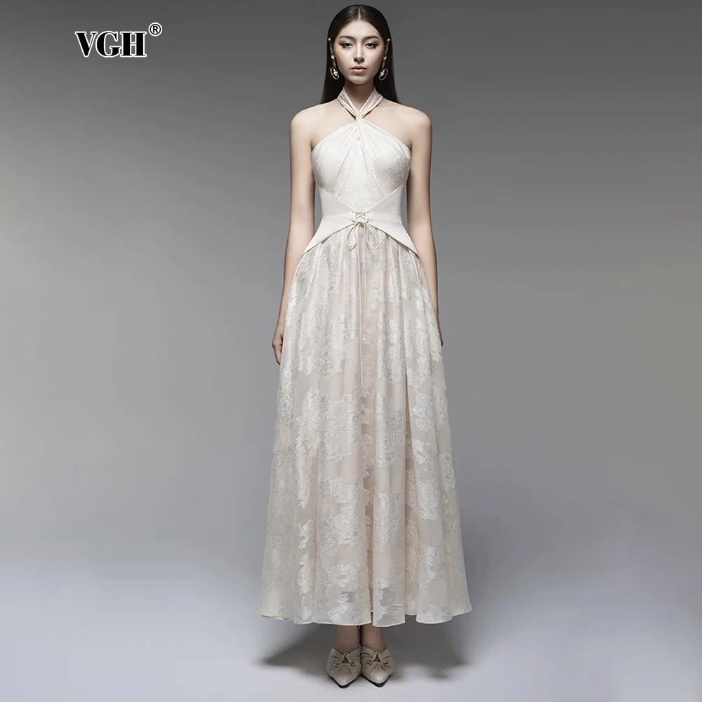 

VGH Romantic Floral Elegant Backless Long Dresses For Women Halter Sleeveless High Waist Spliced Lace Up A Line Dress Female New