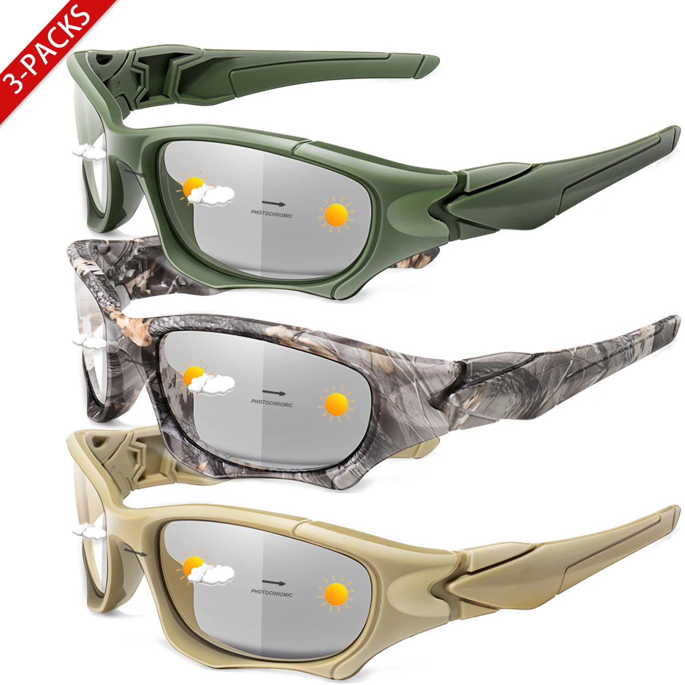 3-teilige Outsports photochrome Sonnenbrille, klassische Vintage-Brille für Damen und Herren, Radfahren, Laufen, Wandern – Outdoor-Brillen